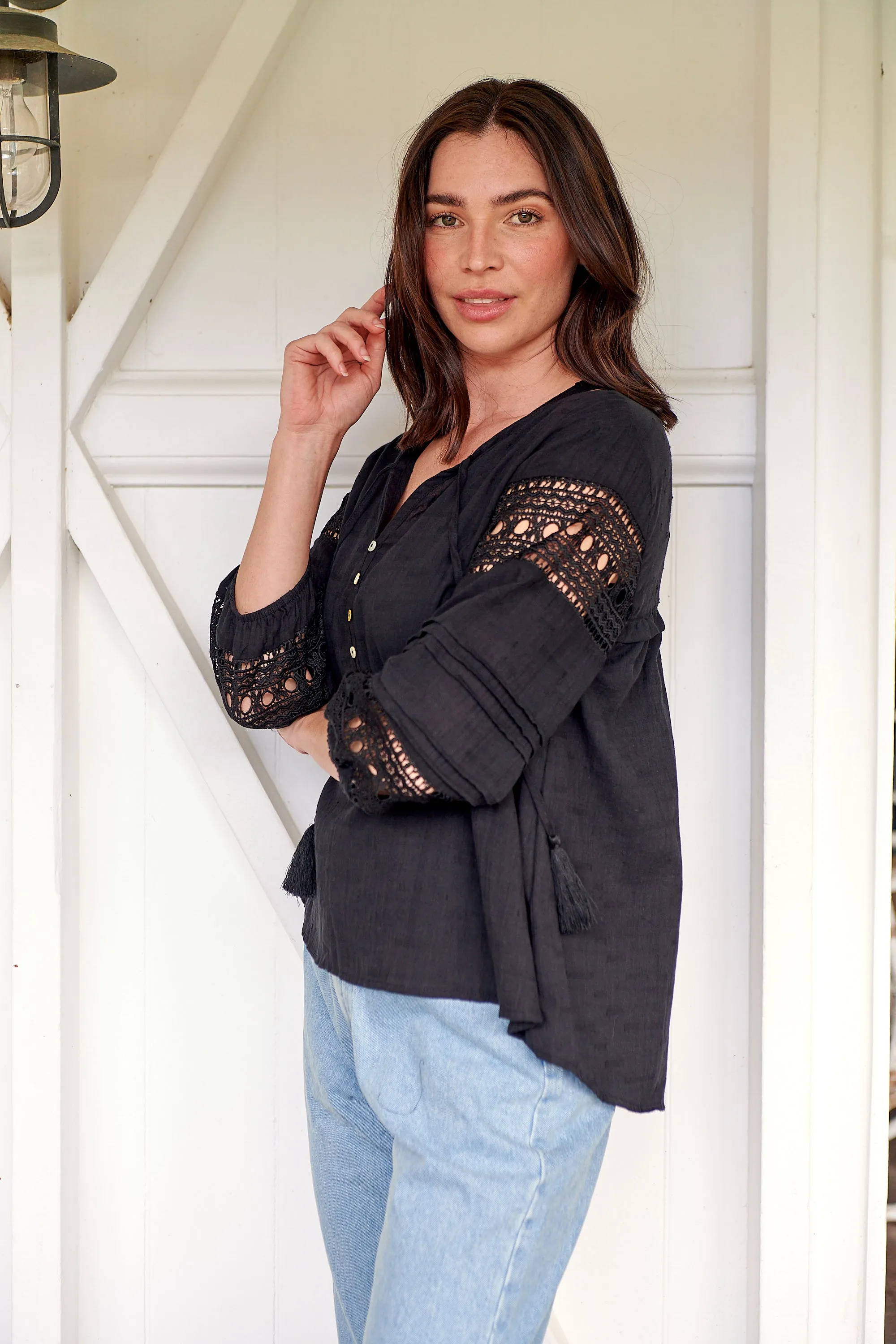 Porter Tassel Black Long Sleeve Top