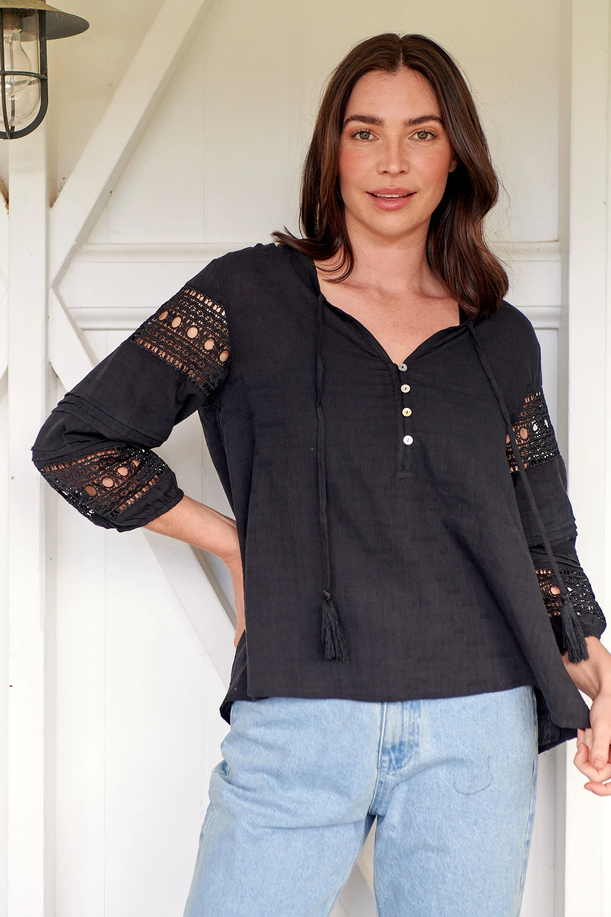 Porter Tassel Black Long Sleeve Top