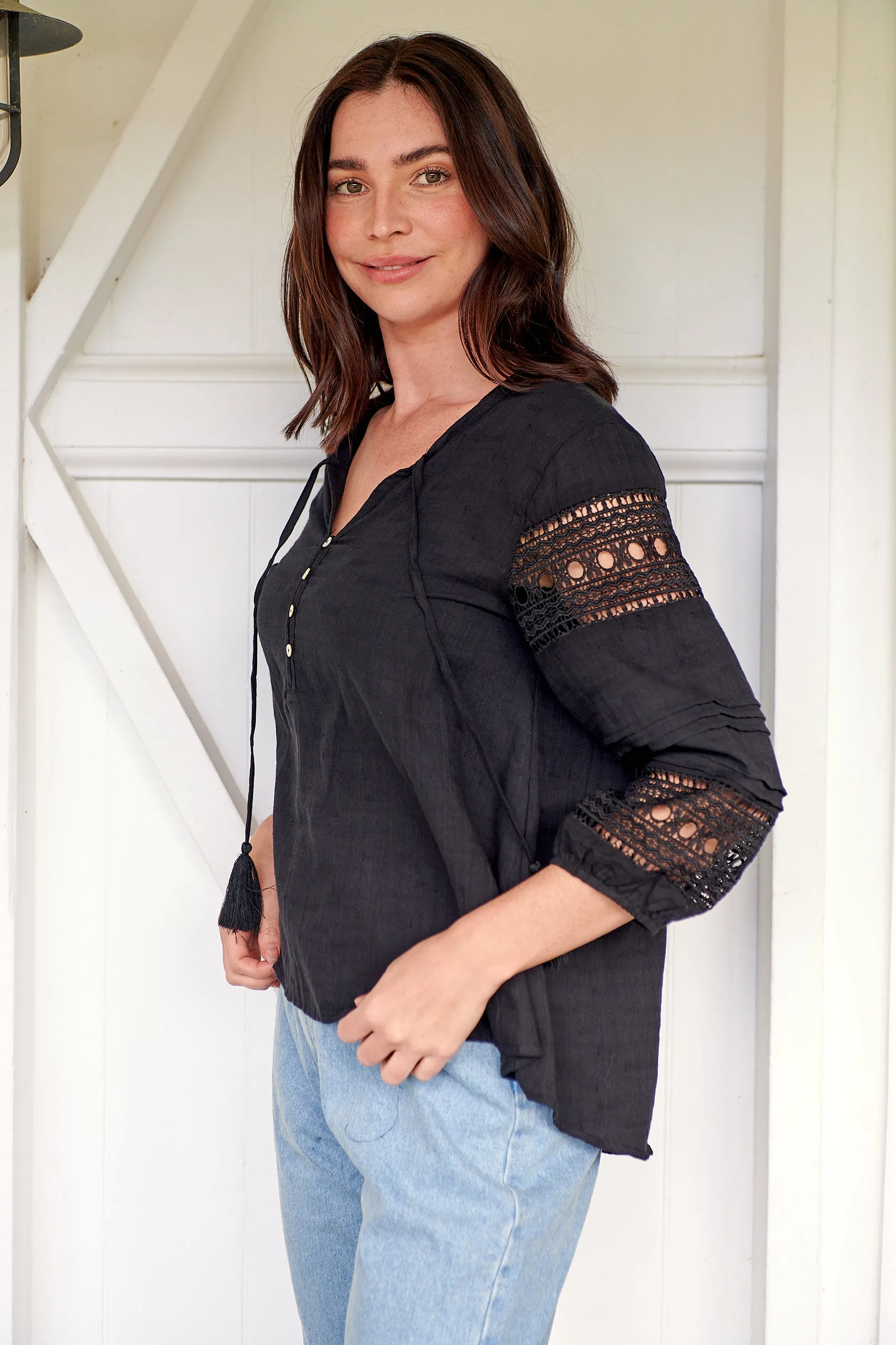 Porter Tassel Black Long Sleeve Top