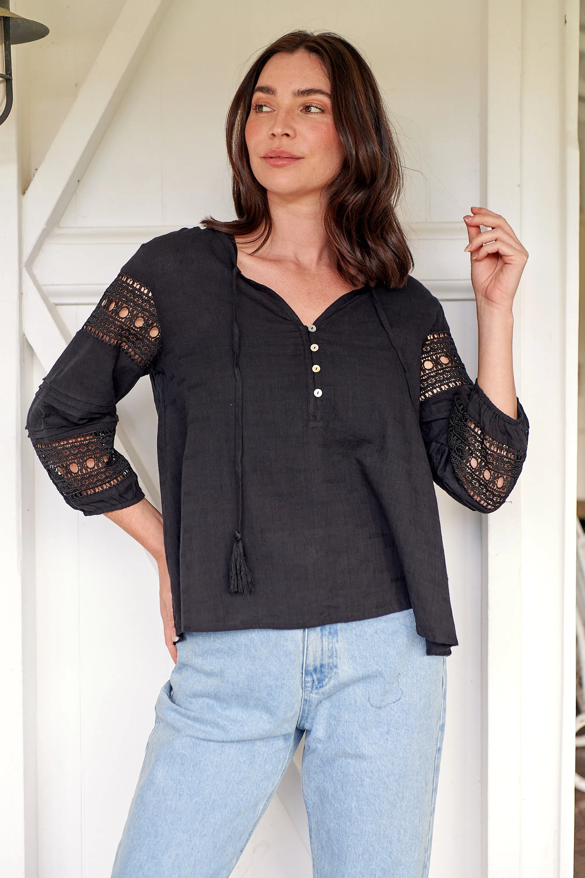 Porter Tassel Black Long Sleeve Top