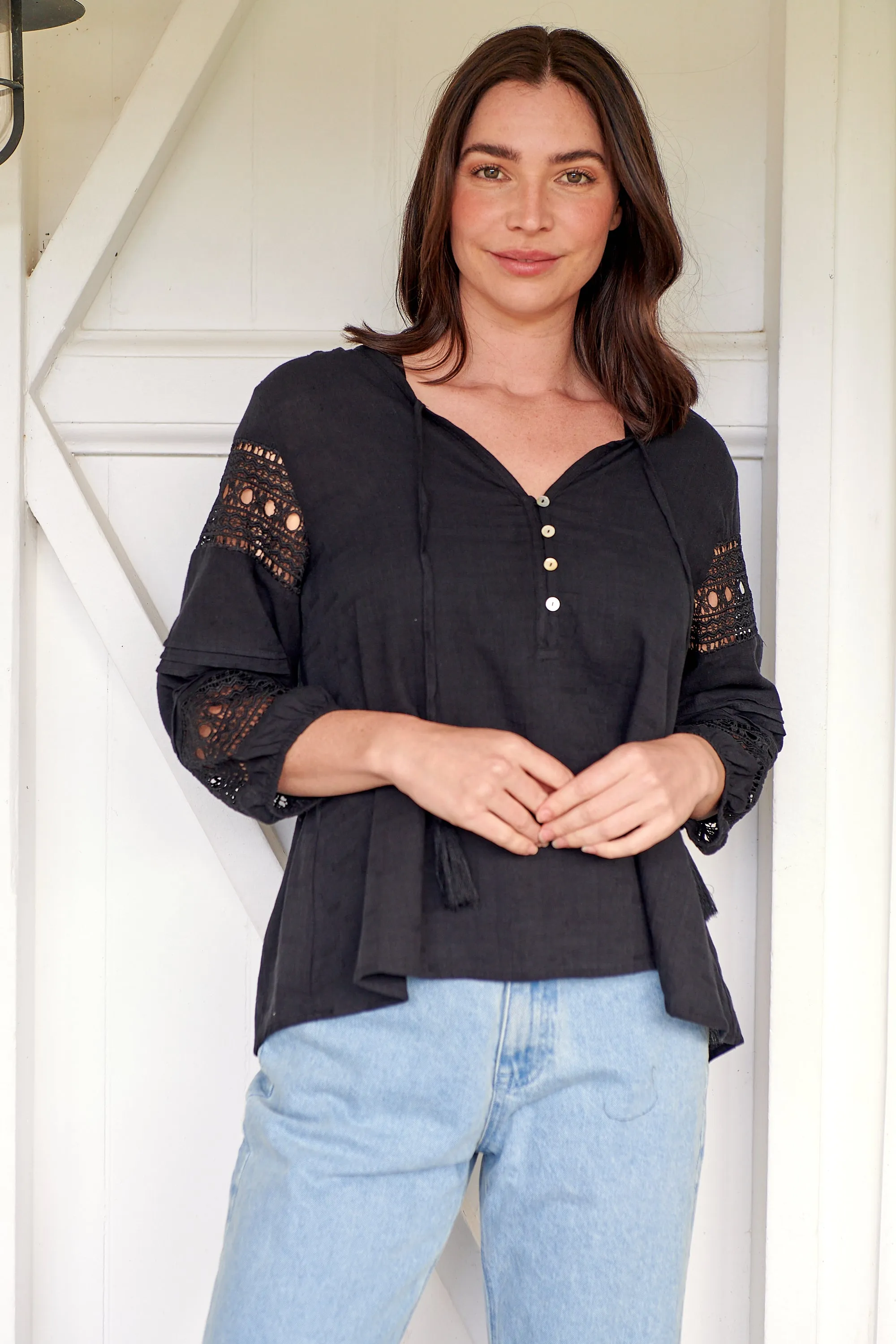 Porter Tassel Black Long Sleeve Top