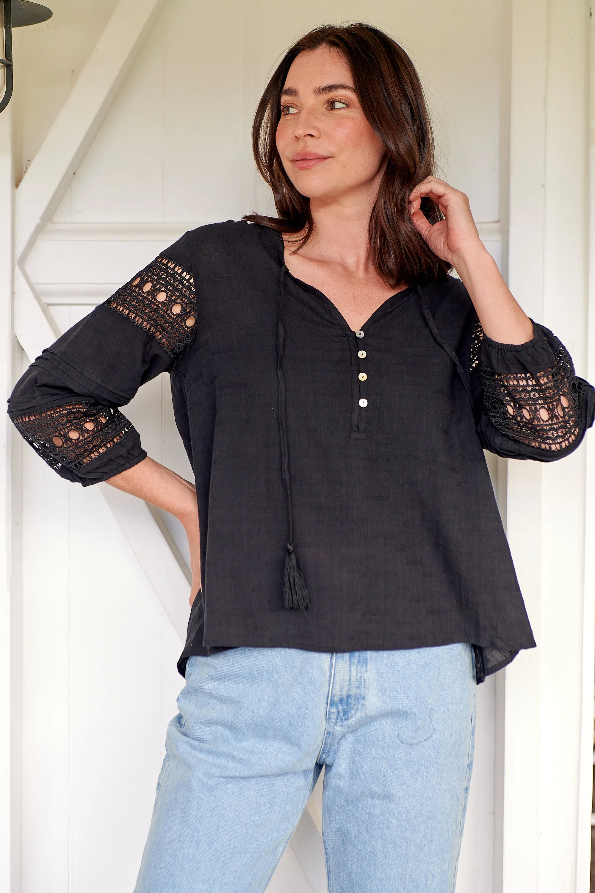 Porter Tassel Black Long Sleeve Top