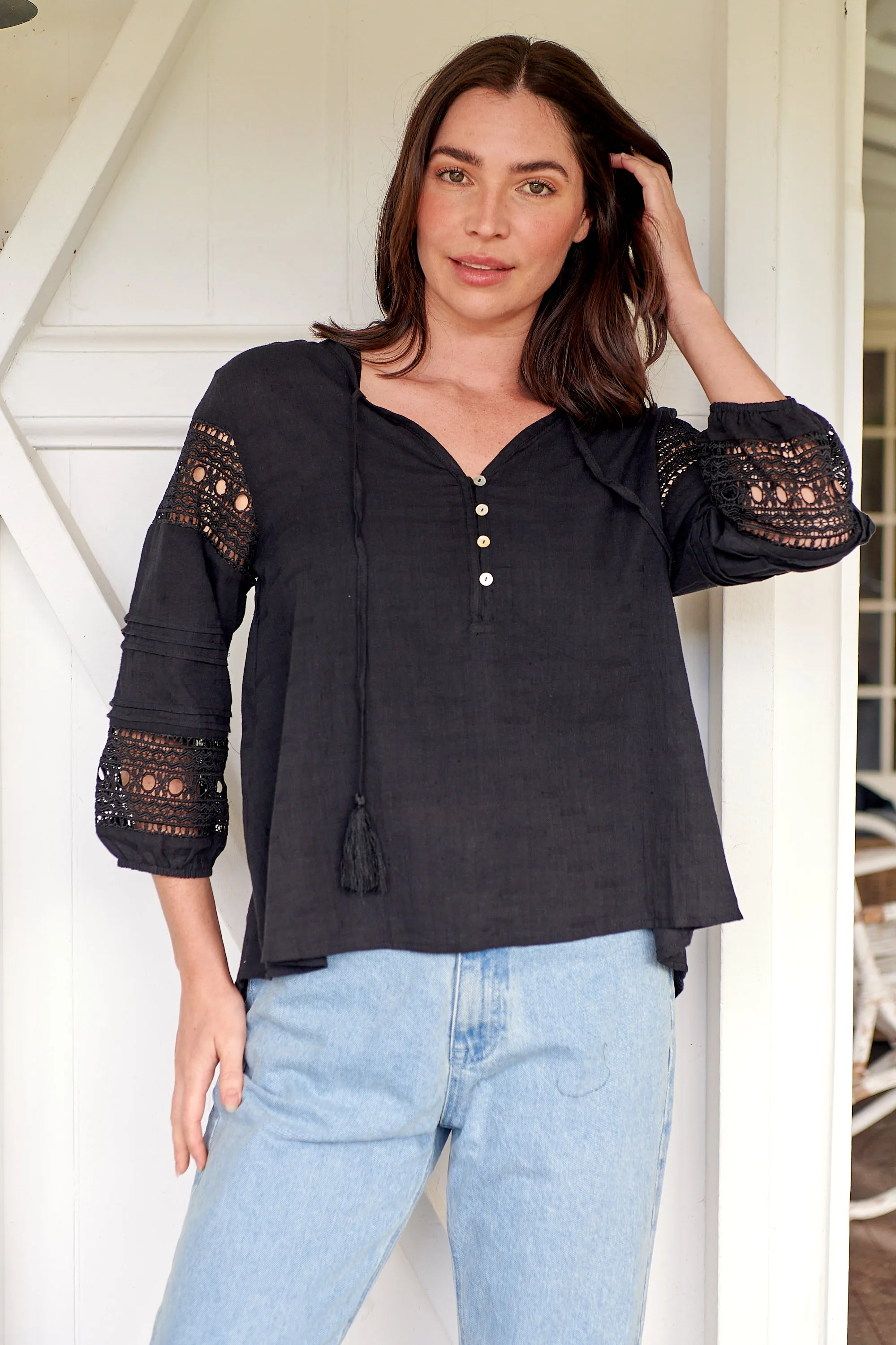 Porter Tassel Black Long Sleeve Top