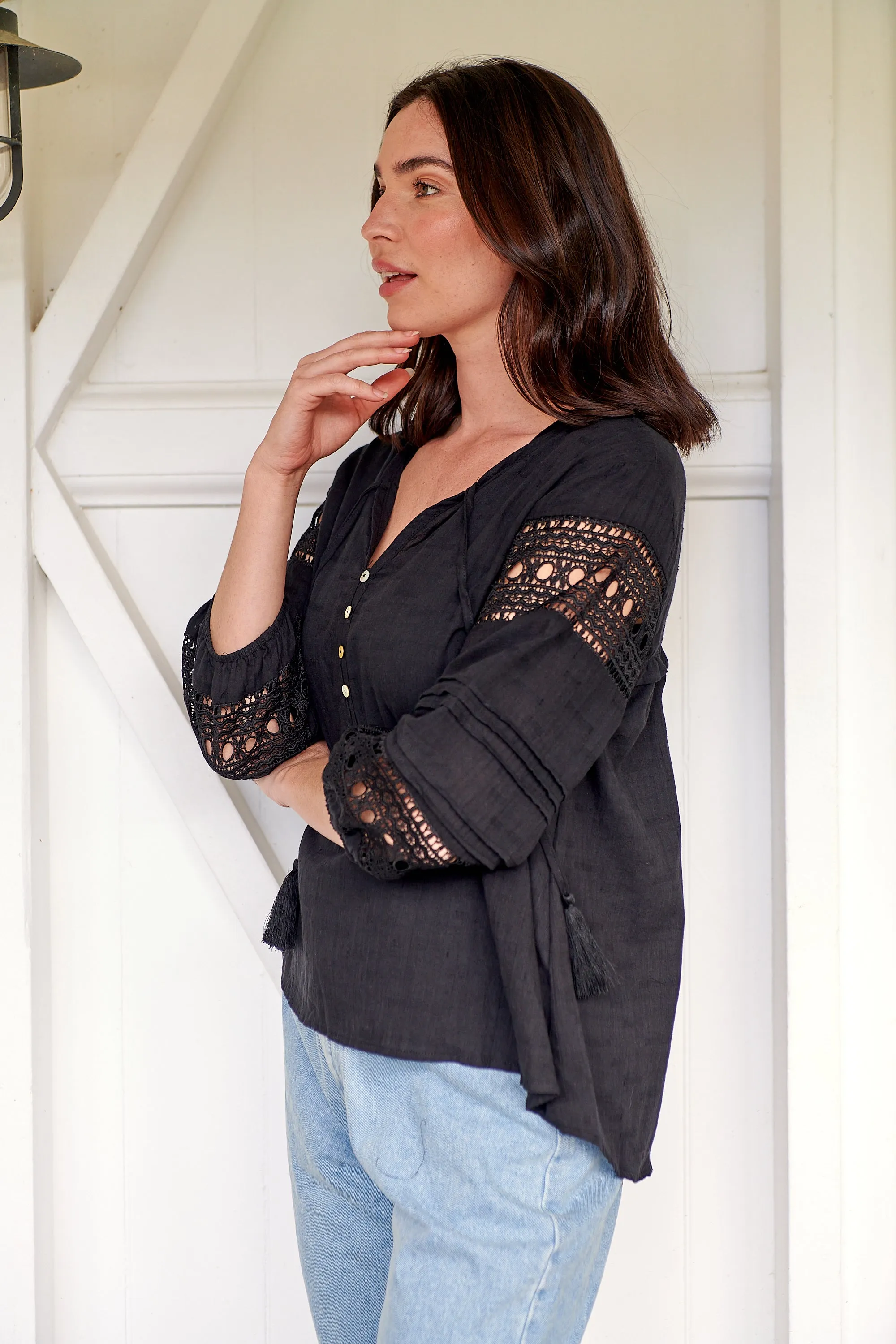 Porter Tassel Black Long Sleeve Top