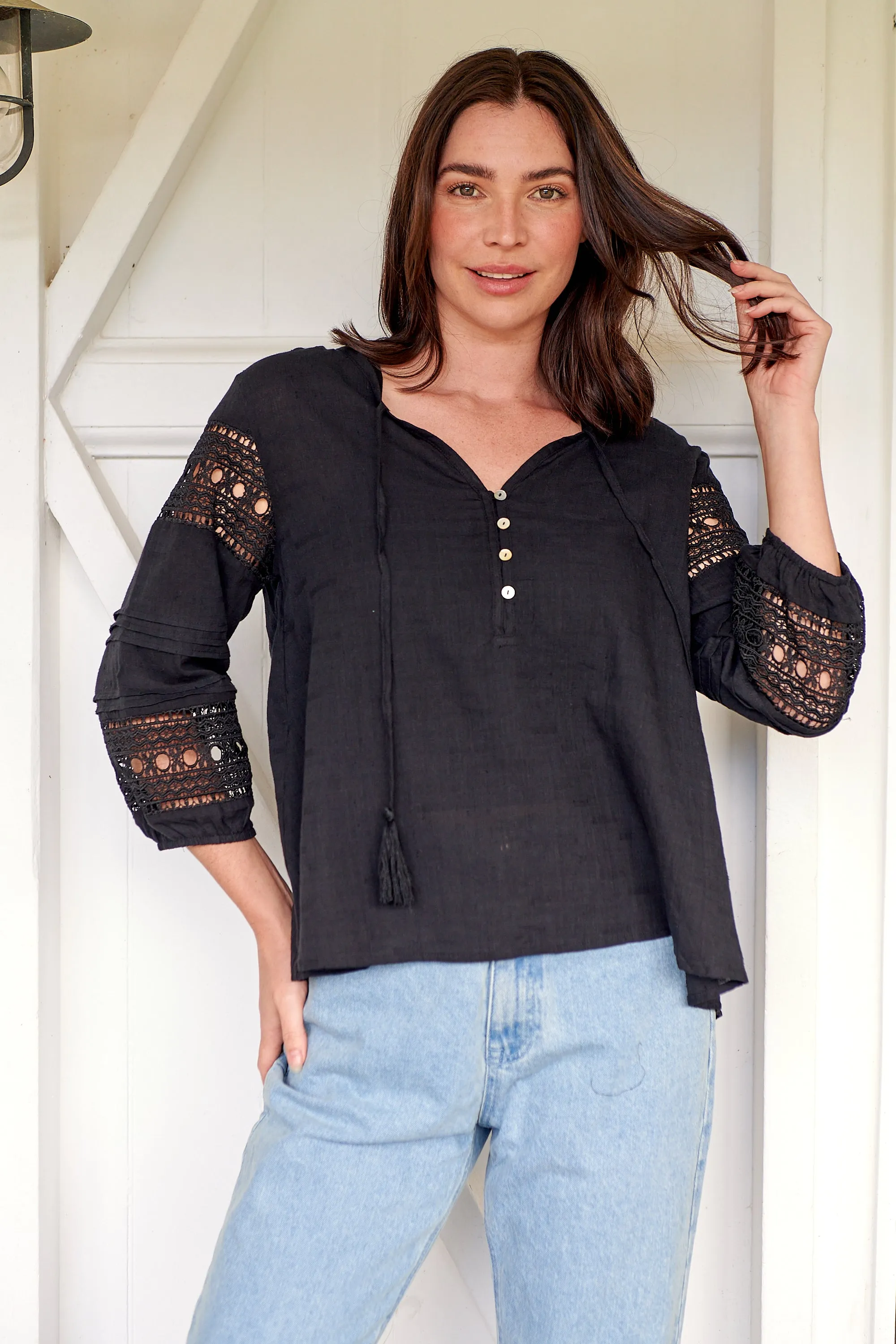 Porter Tassel Black Long Sleeve Top