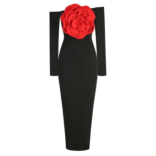 Pre Order:  Black 3D Flower Off Shoulder Long Dress