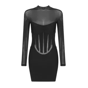 Pre Order:  Black Mesh Splicing Bandage Mini Dress