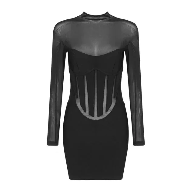 Pre Order:  Black Mesh Splicing Bandage Mini Dress