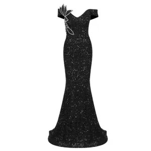 Pre Order:  Flash Diamond Blade V-Neck Off Shoulder Black Sequin Dress