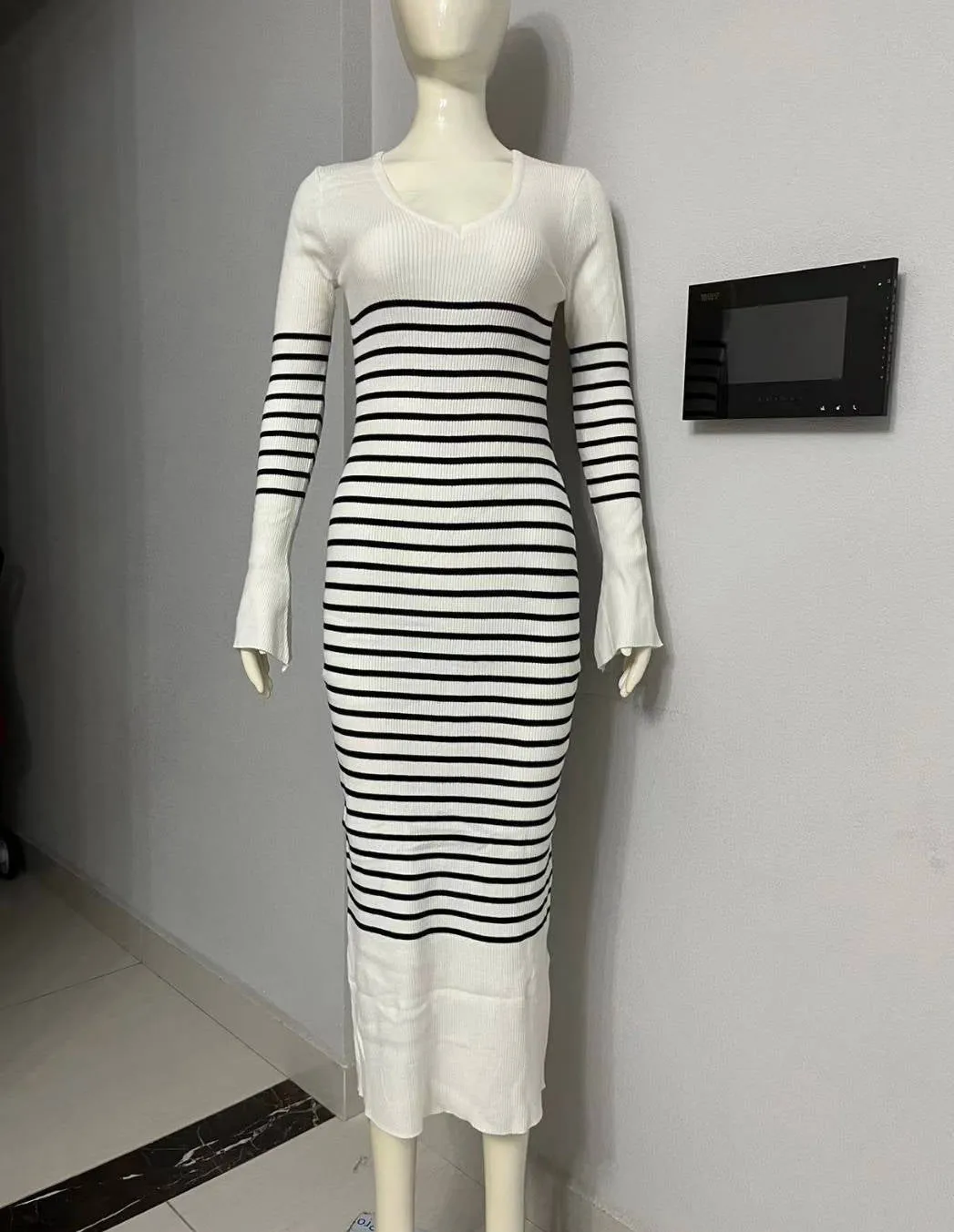 Pre Order:  Knitted Striped V-Neck Maxi White Dress