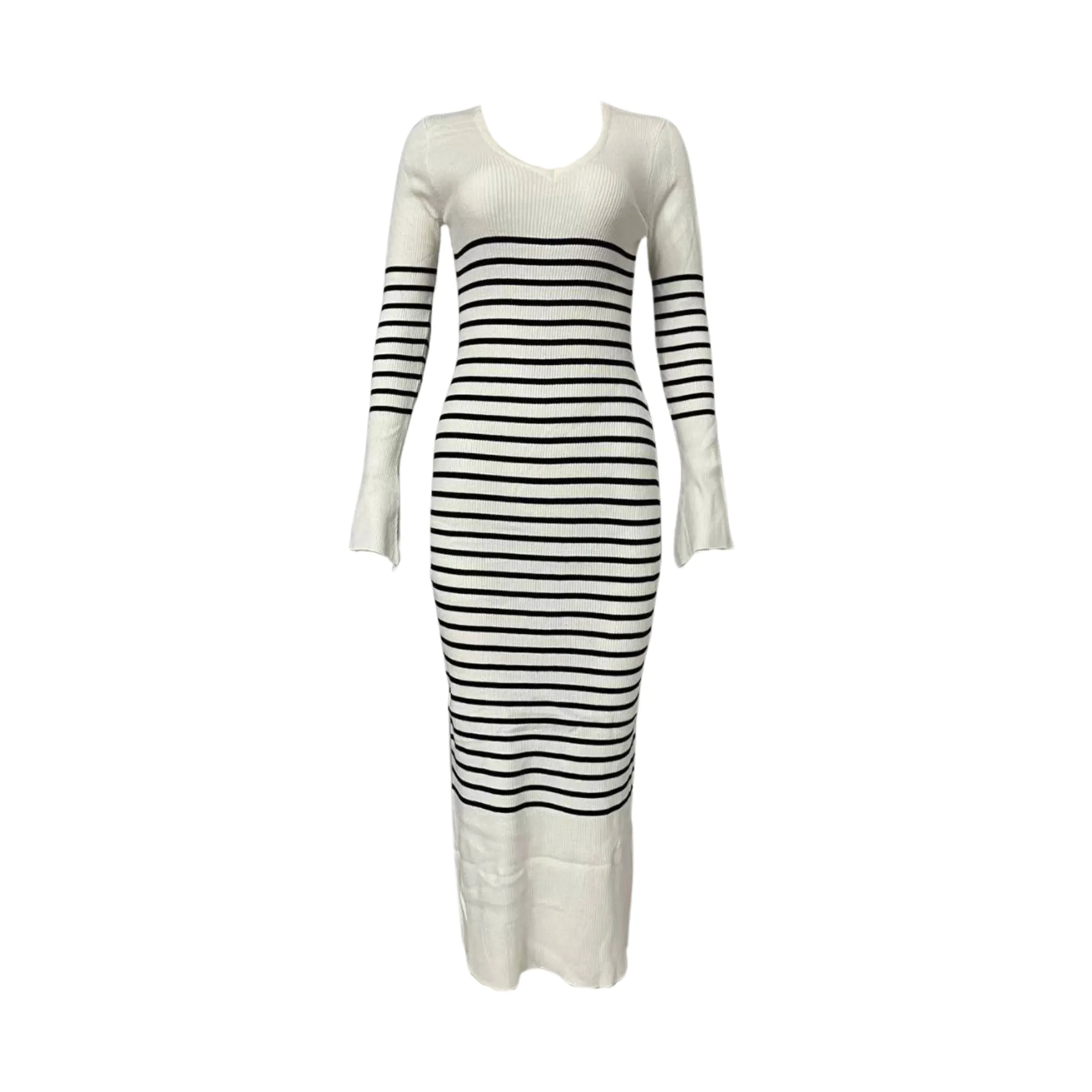 Pre Order:  Knitted Striped V-Neck Maxi White Dress