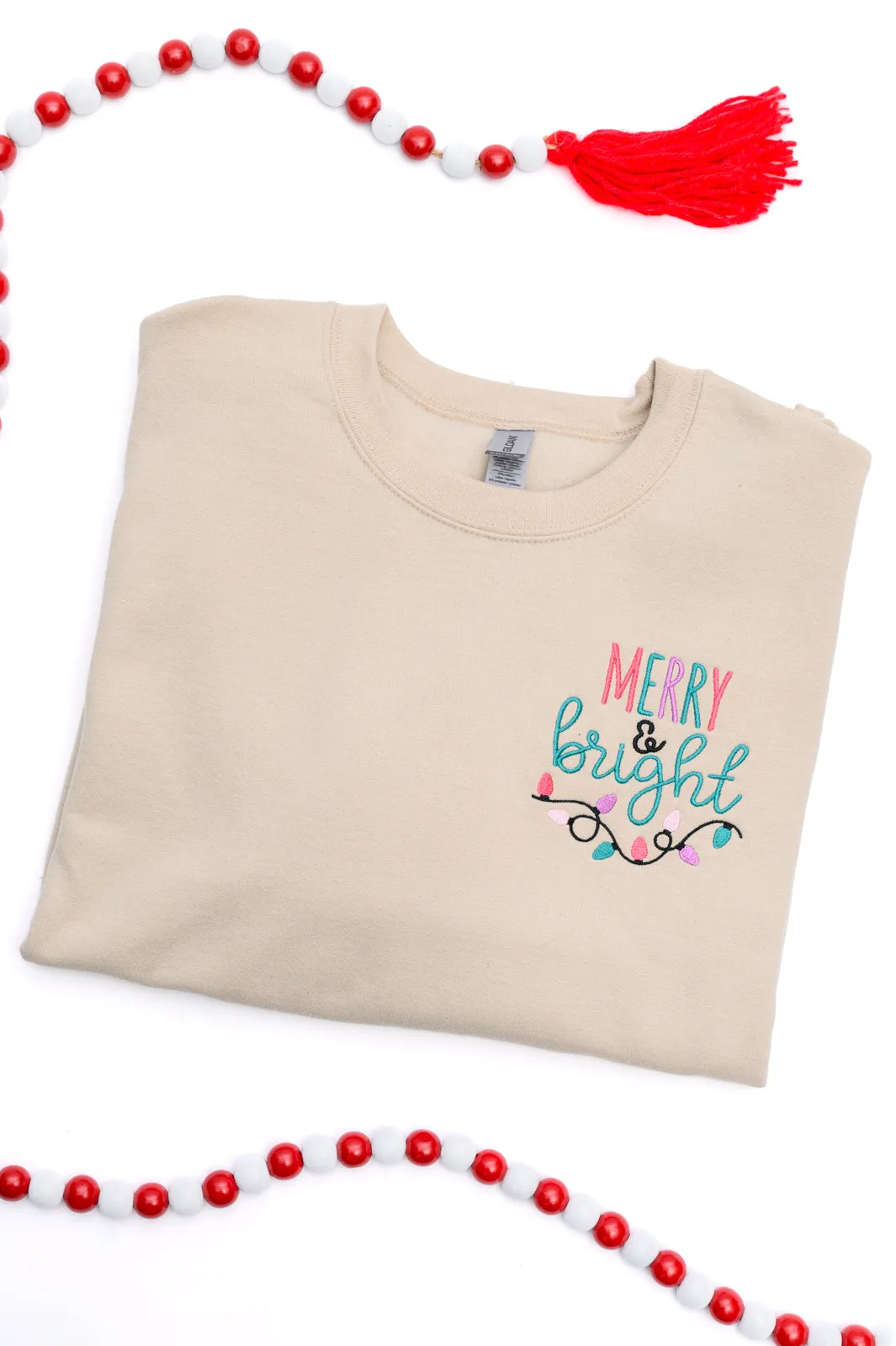 PREORDER: Merry & Bright Embroidered Sweatshirt in Sand