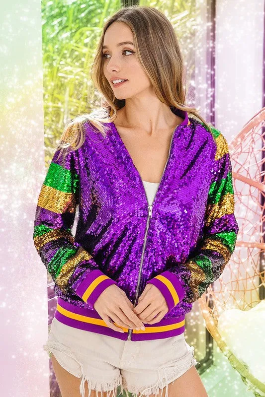 Purple Mardi Gras Color Block Sequin Bomber Jacket