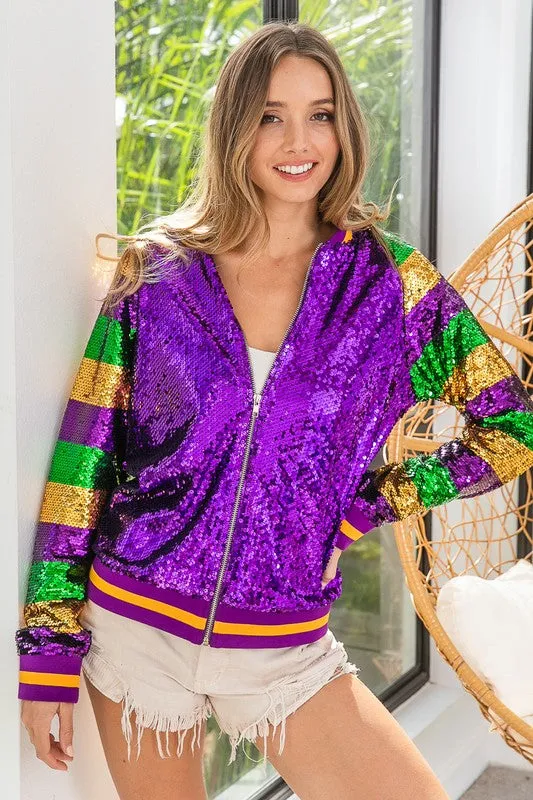 Purple Mardi Gras Color Block Sequin Bomber Jacket