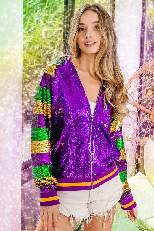 Purple Mardi Gras Color Block Sequin Bomber Jacket