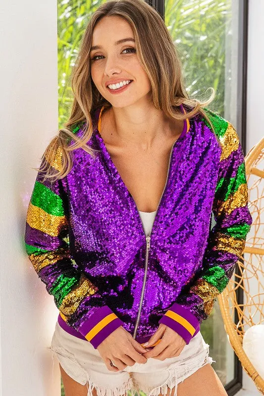 Purple Mardi Gras Color Block Sequin Bomber Jacket