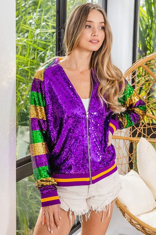 Purple Mardi Gras Color Block Sequin Bomber Jacket