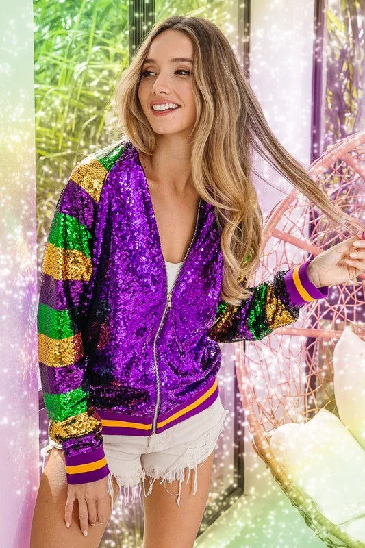 Purple Mardi Gras Color Block Sequin Bomber Jacket