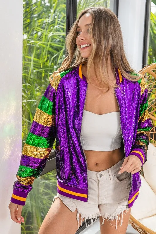 Purple Mardi Gras Color Block Sequin Bomber Jacket