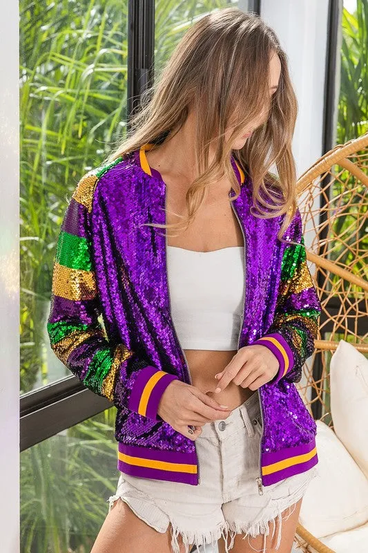 Purple Mardi Gras Color Block Sequin Bomber Jacket