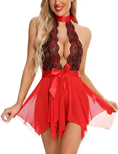 RSLOVE Women Lace Babydoll Sexy Nightgown Dress Lingerie Chemise Sleepwear Nightwear