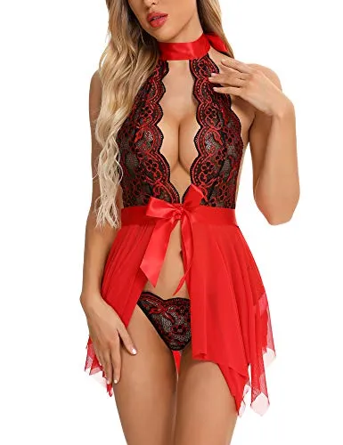 RSLOVE Women Lace Babydoll Sexy Nightgown Dress Lingerie Chemise Sleepwear Nightwear