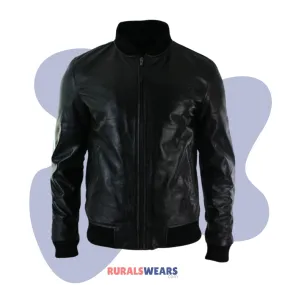 RW Authentic Sheepskin MEN’S FITTED REAL LEATHER BLACK VARSITY BOMBER JACKET