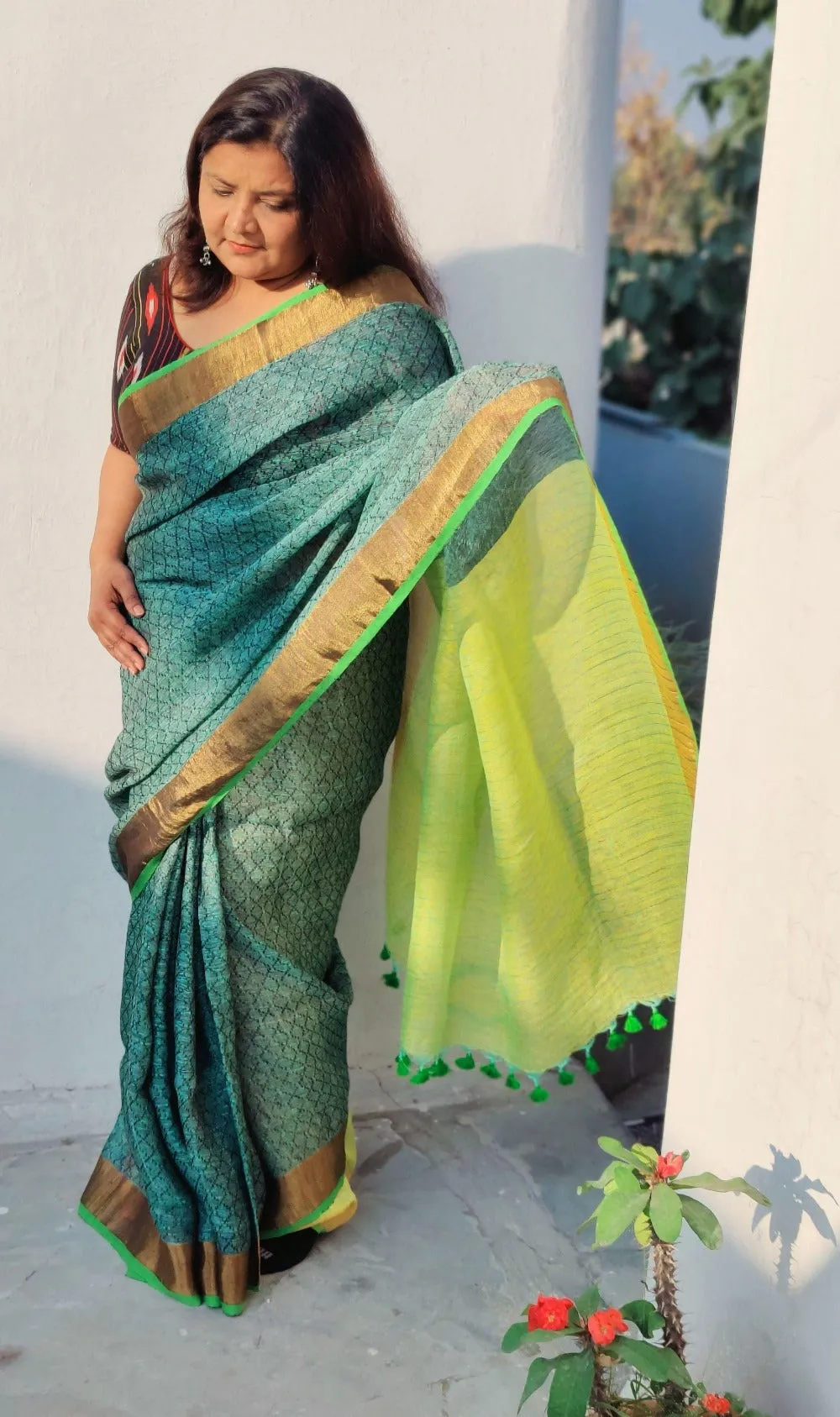 Sabzaa Green Tissue Linen  Saree