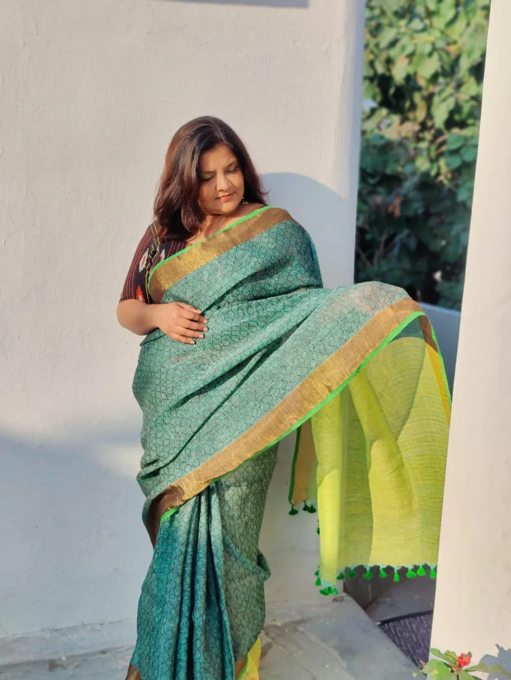 Sabzaa Green Tissue Linen  Saree