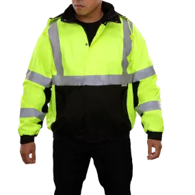 Safety Jacket Hi Vis Bomber Breathable Waterproof Hood Lime 2-Tone