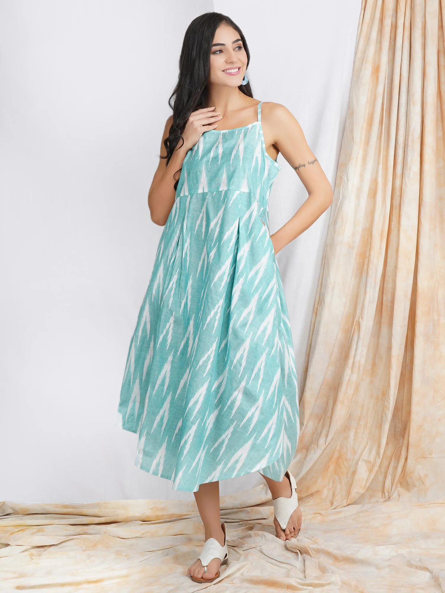 Sea Green Noodle Strap 'Vibrant' Cotton Dress