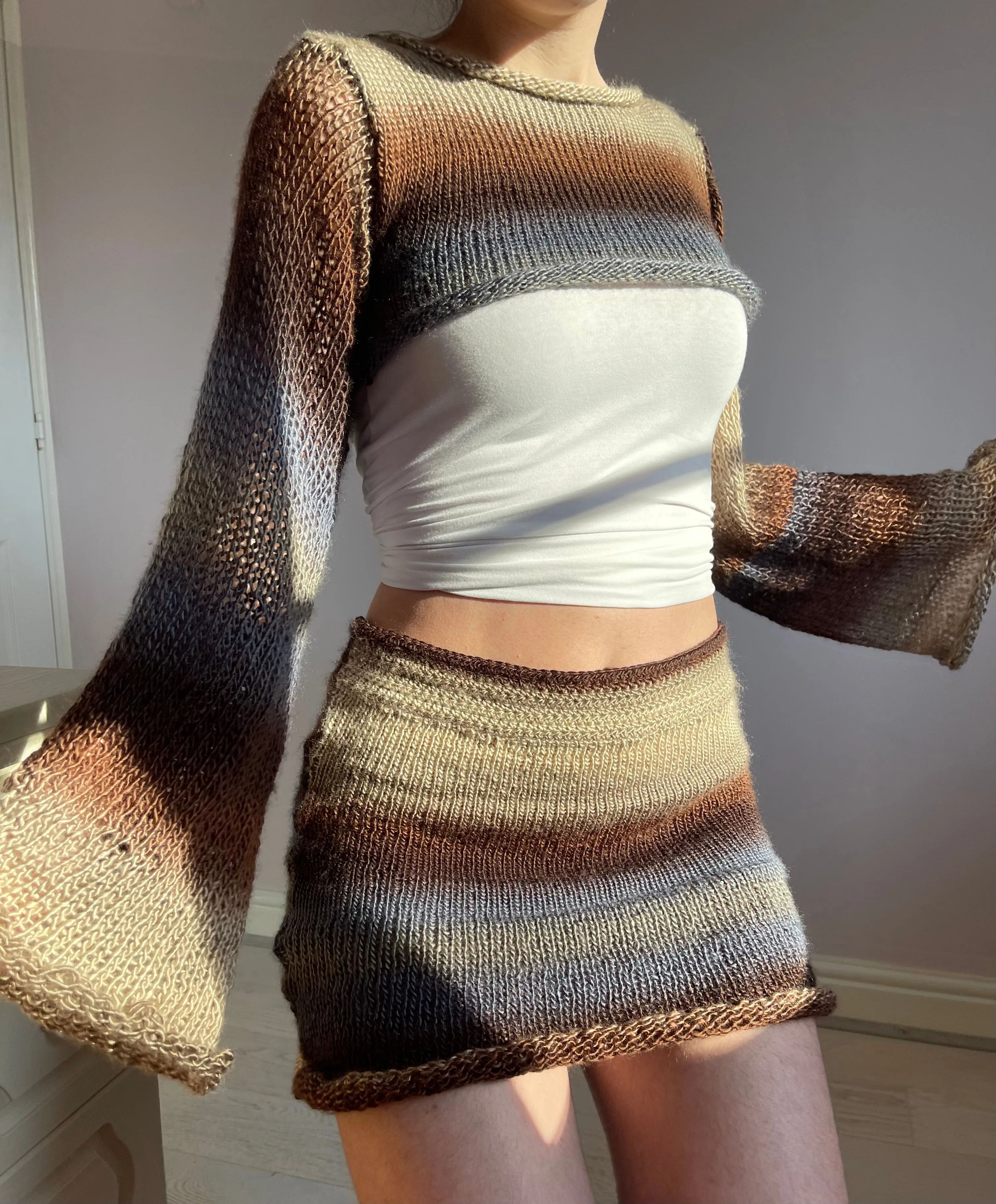 SET: Handmade knitted ombré skirt and top coord - Seashell colourway