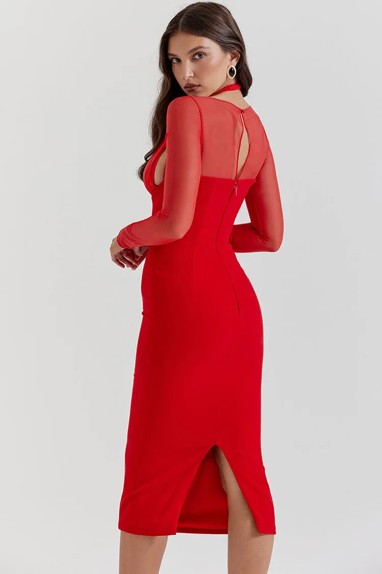 Sexy Halter Deep V Cold Shoulder Long Sleeve Bodycon Cocktail Party Midi Dress - Red