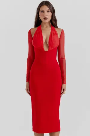 Sexy Halter Deep V Cold Shoulder Long Sleeve Bodycon Cocktail Party Midi Dress - Red