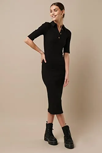 SIGHTBOMB Ribbed Polo Collar Bodycon Dress for Women (Small-Medium, Black)