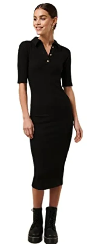 SIGHTBOMB Ribbed Polo Collar Bodycon Dress for Women (Small-Medium, Black)