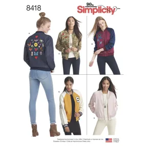 Simplicity Pattern S8418 Misses' Lined Bomber Jacket with Fabric & Trim Variations