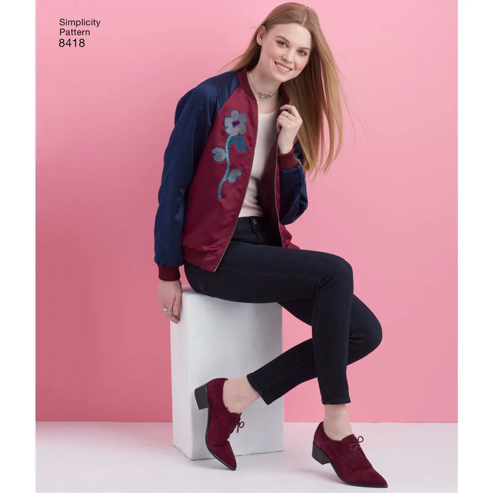 Simplicity Pattern S8418 Misses' Lined Bomber Jacket with Fabric & Trim Variations