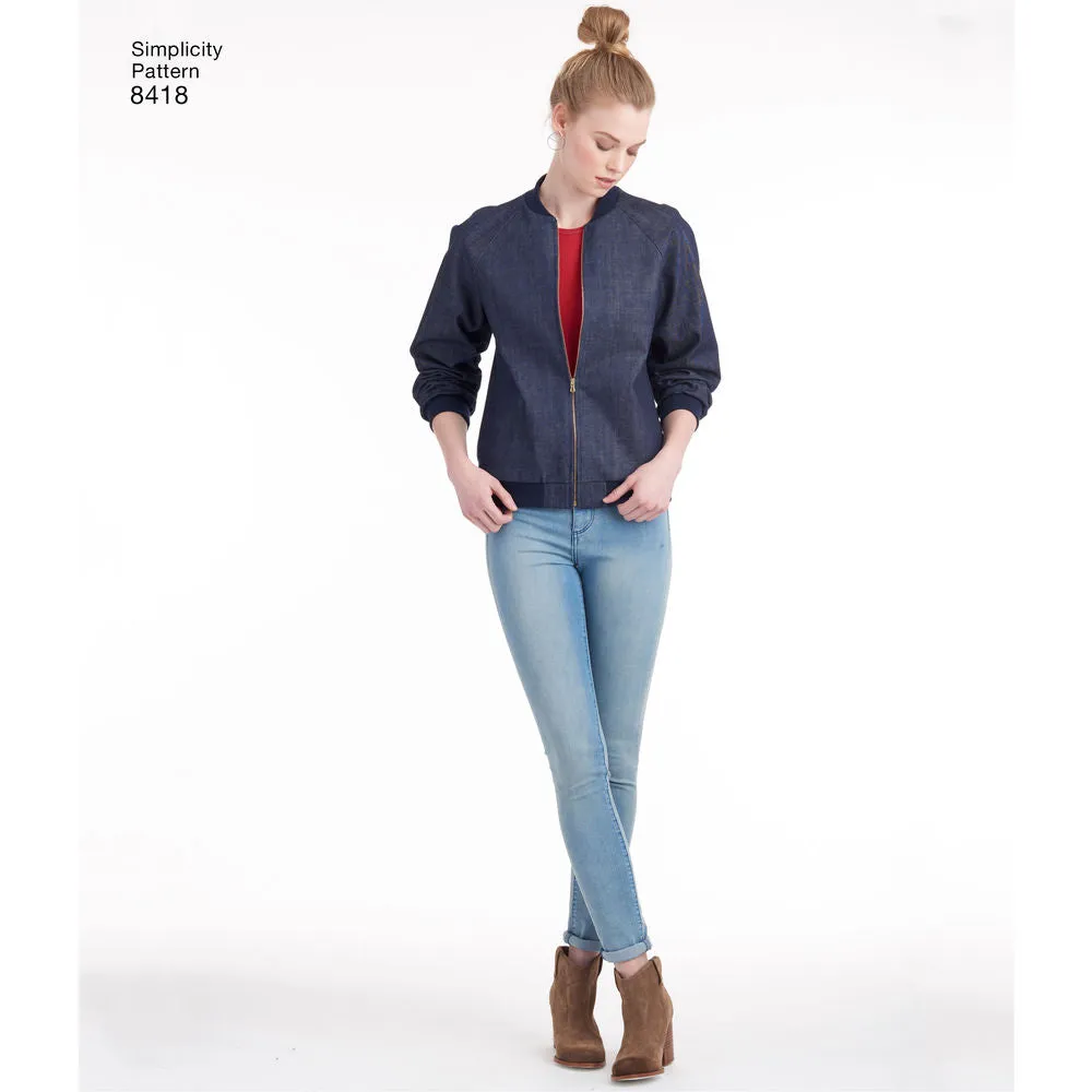 Simplicity Pattern S8418 Misses' Lined Bomber Jacket with Fabric & Trim Variations