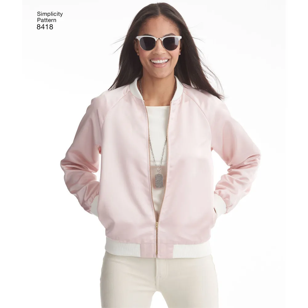 Simplicity Pattern S8418 Misses' Lined Bomber Jacket with Fabric & Trim Variations