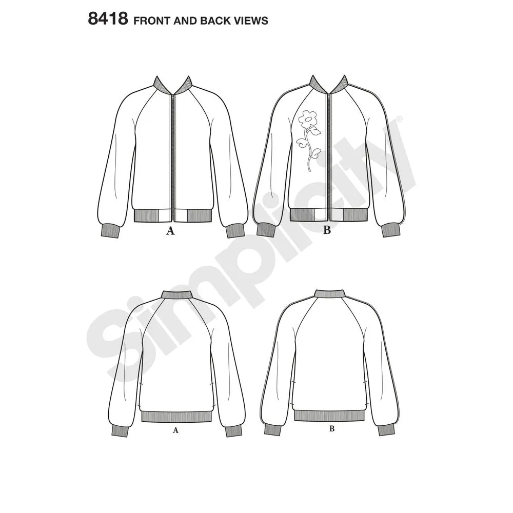 Simplicity Pattern S8418 Misses' Lined Bomber Jacket with Fabric & Trim Variations