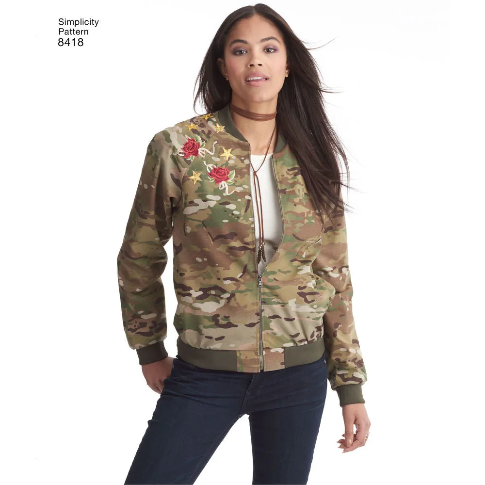 Simplicity Pattern S8418 Misses' Lined Bomber Jacket with Fabric & Trim Variations