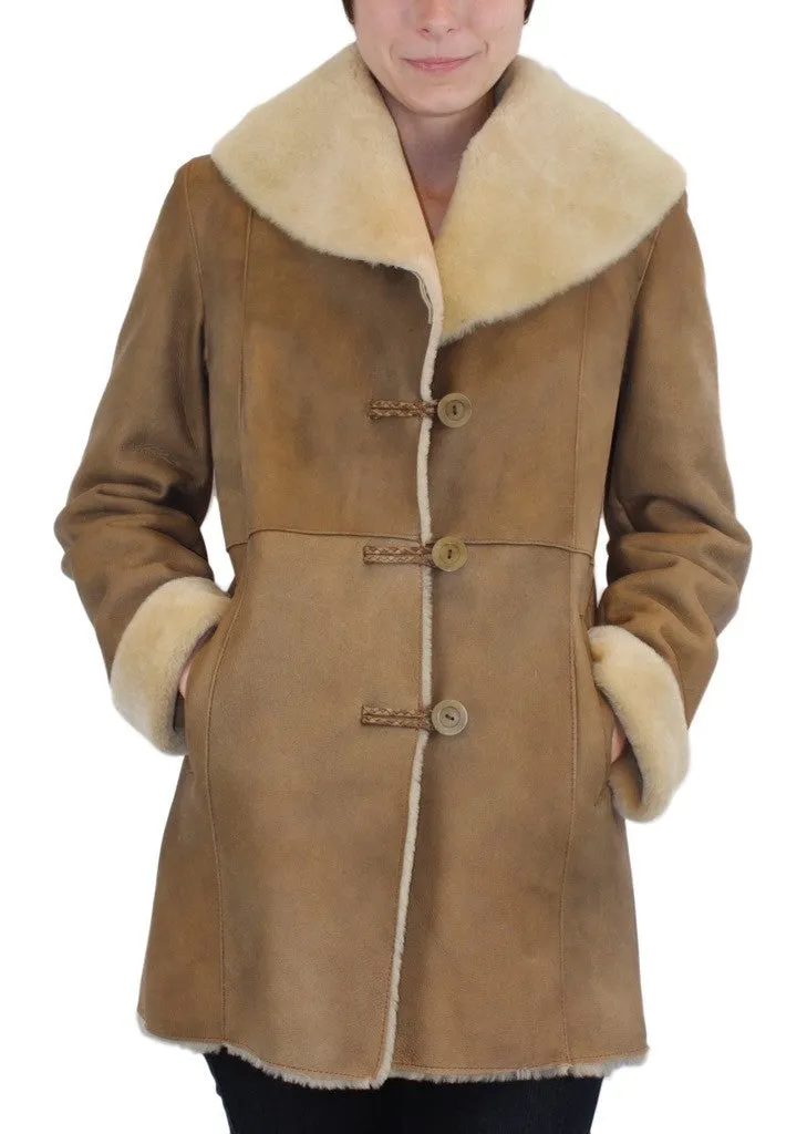 SMALL BEIGE FITTED RAW EDGE SHEARLING COAT, SHEEPSKIN JACKET