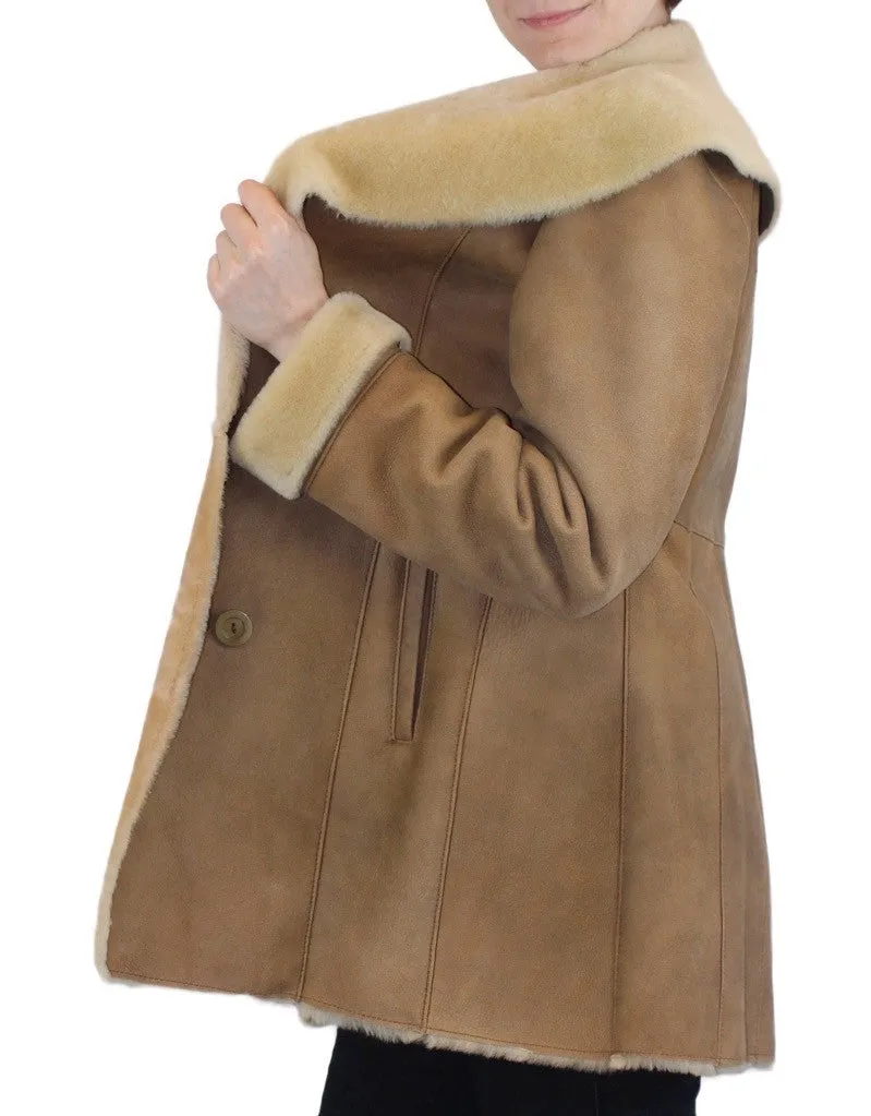 SMALL BEIGE FITTED RAW EDGE SHEARLING COAT, SHEEPSKIN JACKET