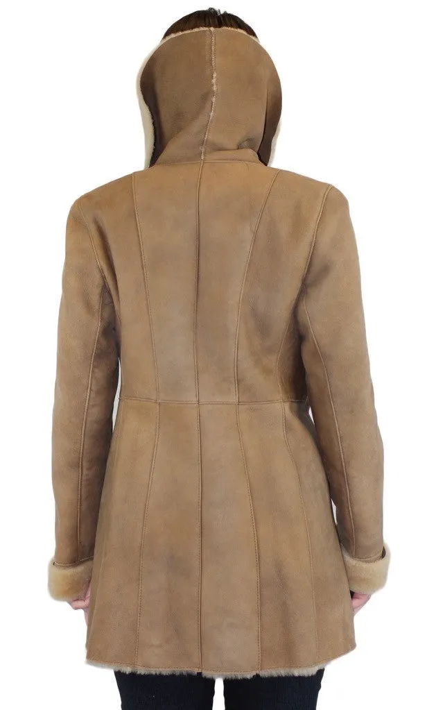 SMALL BEIGE FITTED RAW EDGE SHEARLING COAT, SHEEPSKIN JACKET