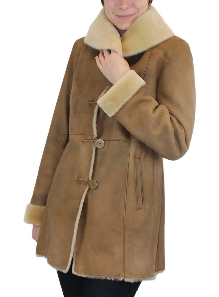 SMALL BEIGE FITTED RAW EDGE SHEARLING COAT, SHEEPSKIN JACKET