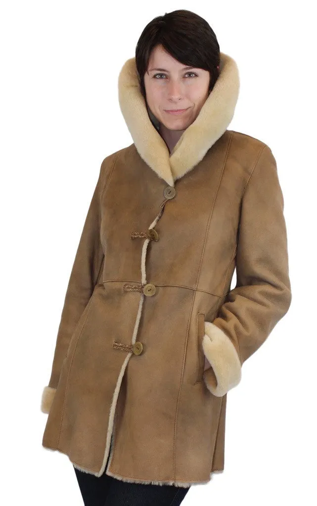 SMALL BEIGE FITTED RAW EDGE SHEARLING COAT, SHEEPSKIN JACKET