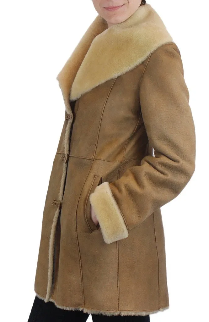 SMALL BEIGE FITTED RAW EDGE SHEARLING COAT, SHEEPSKIN JACKET