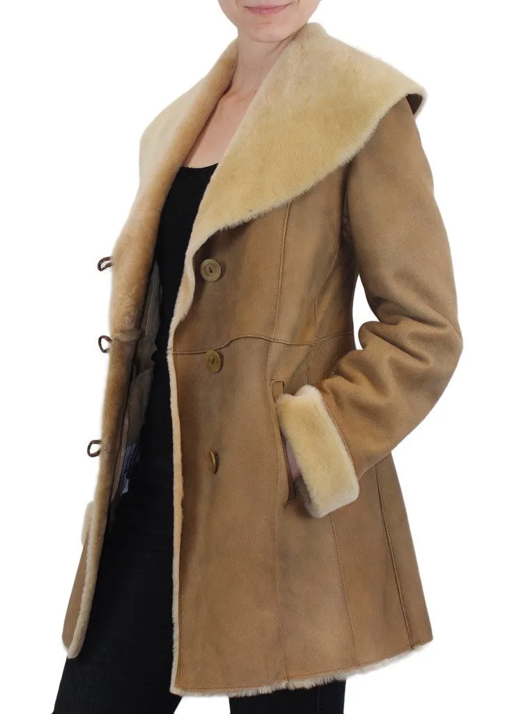 SMALL BEIGE FITTED RAW EDGE SHEARLING COAT, SHEEPSKIN JACKET