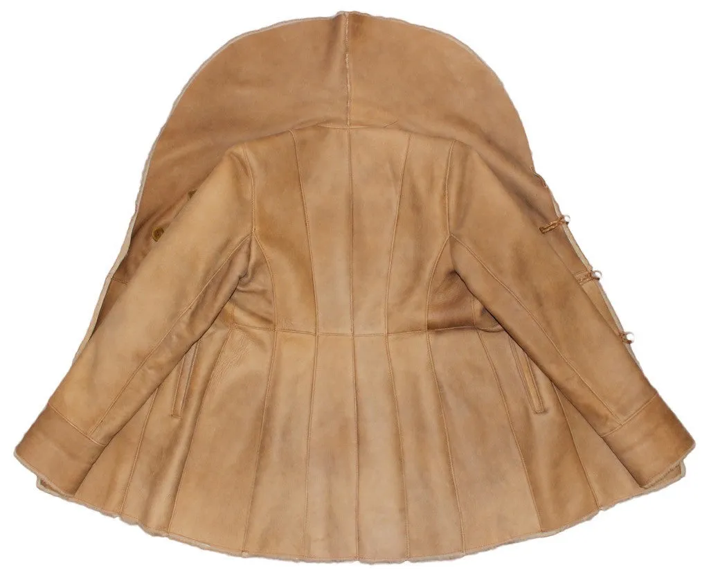 SMALL BEIGE FITTED RAW EDGE SHEARLING COAT, SHEEPSKIN JACKET